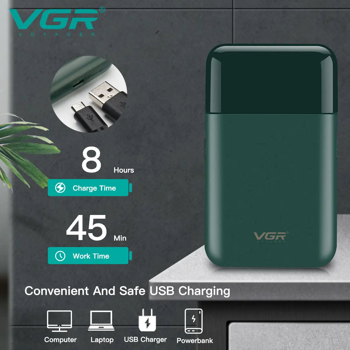 VGR V-390 mini afeitadora de barba inalámbrica de una sola hoja. razor rechargeable foil electric face body shaver for men Convenient razor