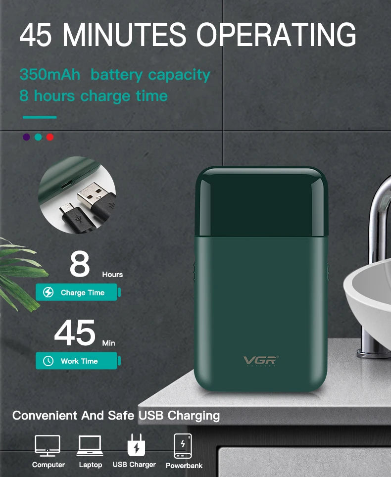 VGR V-390 mini afeitadora de barba inalámbrica de una sola hoja. razor rechargeable foil electric face body shaver for men Convenient razor